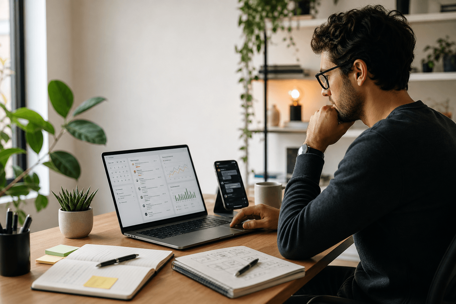 A solopreneur reviewing product signals, analytics, and customer messages while planning the next product improvement.
