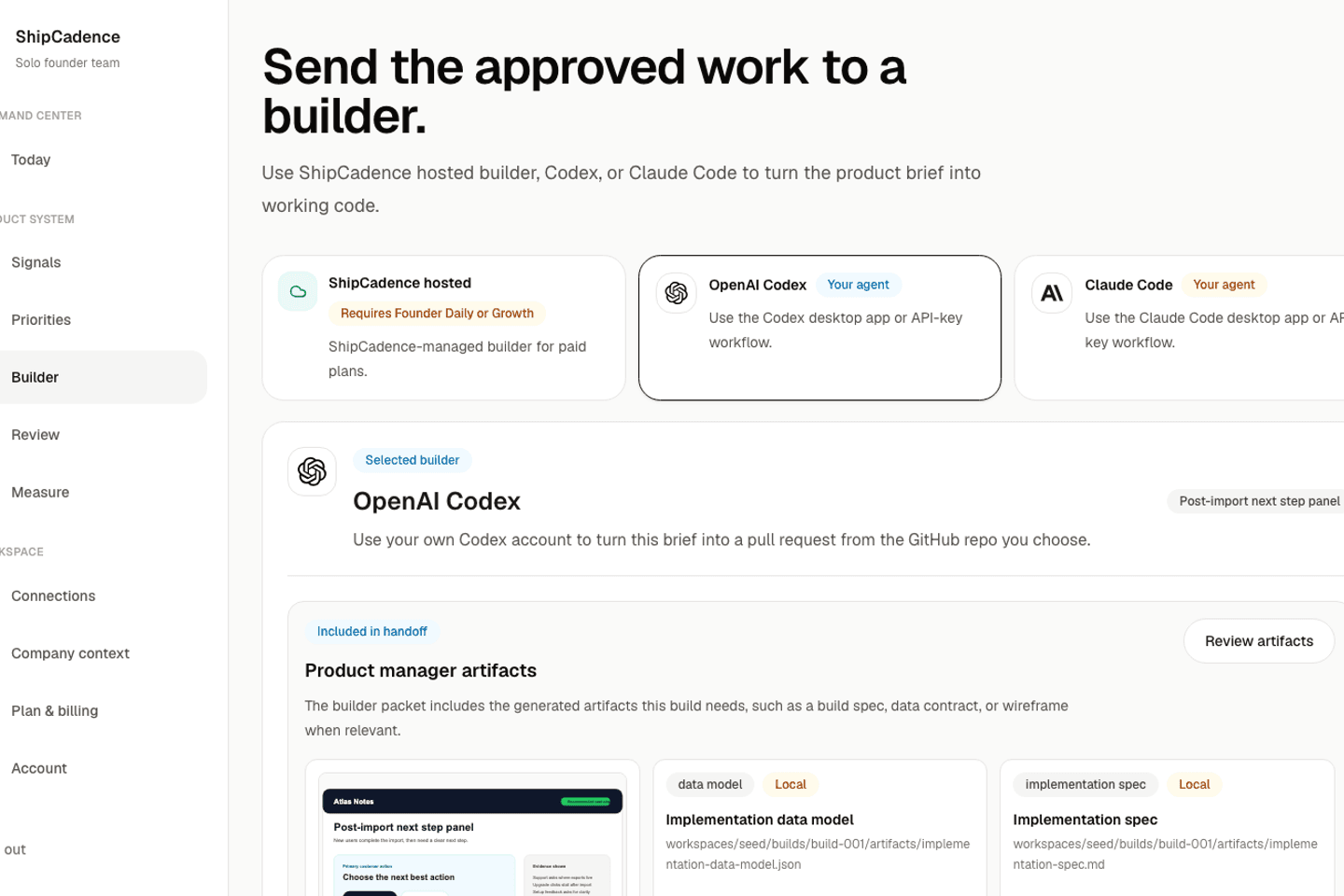 Agents screen showing OpenAI Codex, Claude Code, hosted code builds, and implementation tracking.