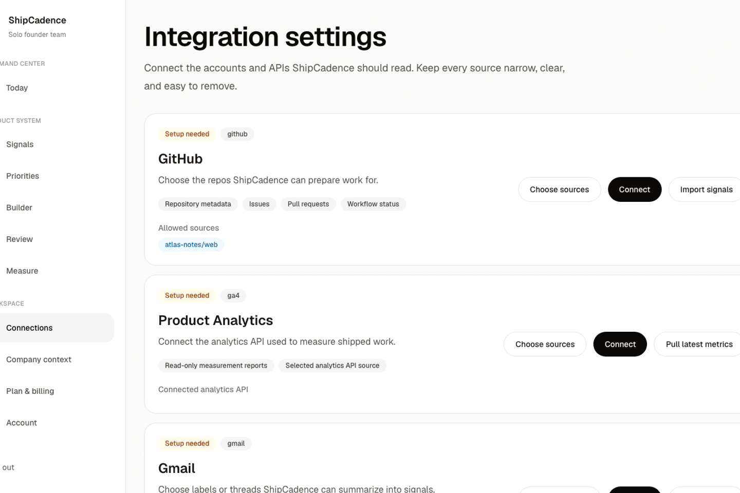 Integration settings screen showing connected GitHub, Slack, and product analytics sources.