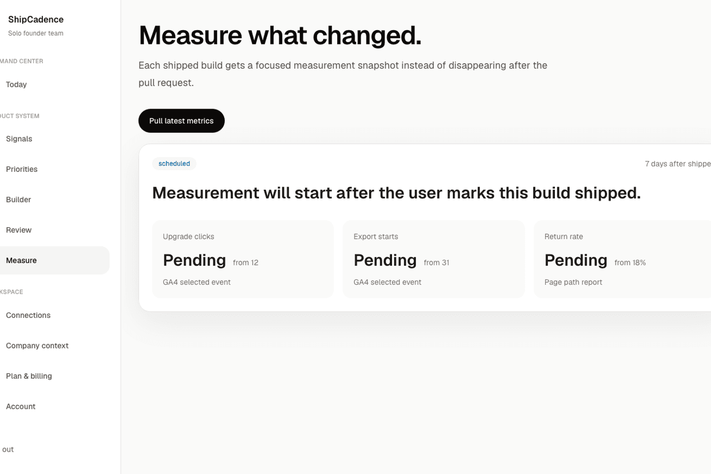 Measure screen showing a focused measurement snapshot with before and after product metrics.
