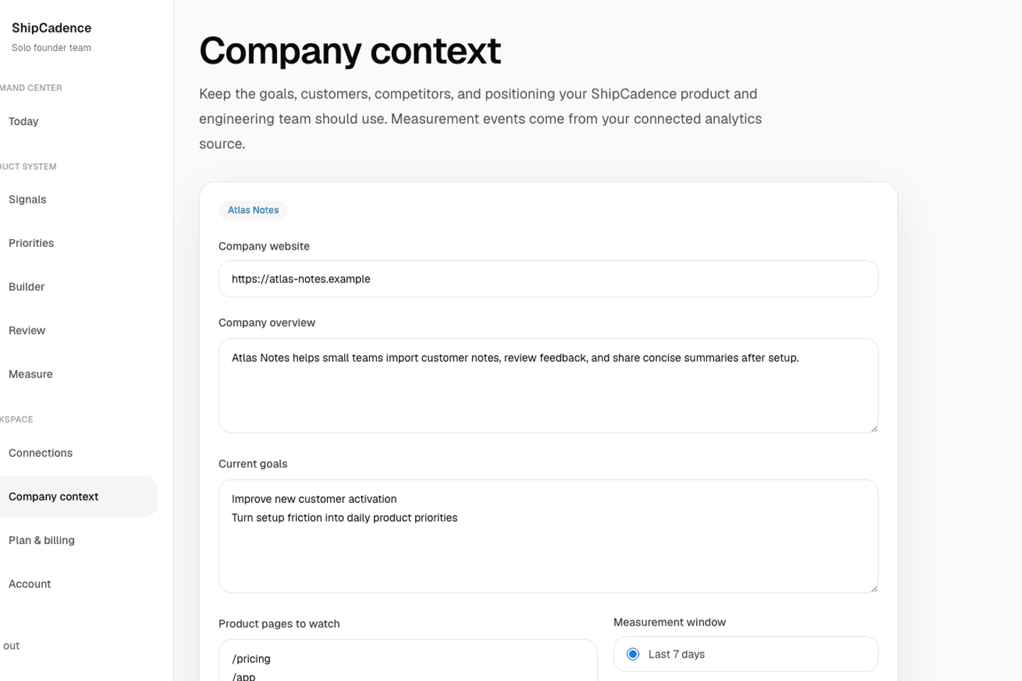 Company context screen with editable product goals, customer, competitors, and positioning fields.