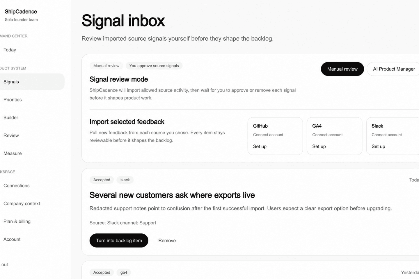 Signal inbox screen with imported customer feedback cards and review actions.